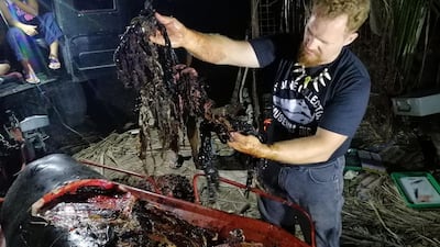 Darrell Blatchley shows plastic waste found in the stomach of a Cuvier's beaked whale in Compostela Valley near Davao, southern Philippines. AFP