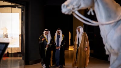 Sheikh Hamdan bin Mohammed, Crown Prince of Dubai, Deputy Prime Minister and Minister of Defence; and Sheikh Khaled bin Mohamed, Crown Prince of Abu Dhabi, tour the Zayed National Museum.