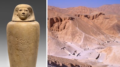 Left, the canopic jar containing the remains of a woman named Senetnay, wet nurse to Pharaoh Amenhotep II. Right, the Valley of the Kings in Luxor, Egypt. Photo: Museum August Kestner / Alamy
