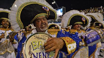 Revellers of the Nene de Vila Matilde samba school perform during the second night of carnival parade at the Sambadrome in Sao Paulo Nelson Almeida / AFP Photo