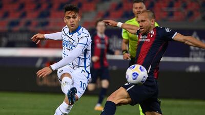 Inter Milan's Argentine forward Lautaro Martinez shoots at goal. AFP