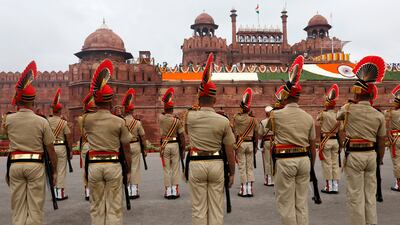 Soldiers take part during Independence Day celebrations at the Red Fort in Delhi. Reuters