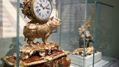 Rhinoceros musical clock, gilt bronze and wood veneer, with an enamelled dial, on display at the coming exhibition, Versailles and the World at Louvre Abu Dhabi.