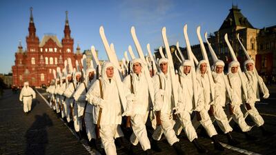 Russian servicemen dressed in historical uniforms take part in the military parade rehearsal at Red Square in Moscow. AFP