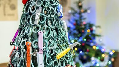 The installation at the Vilnius Airport in Lithuania features knives, bullets, lighters, blades in lieu of ornaments. Courtesy of Martynas Jaugelavicius, Lithuanian Airports