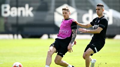 Kristijan Jakic and Rafael Santos Borre of Eintracht Frankfurt battle for the ball during training. Getty