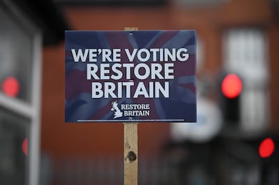 Restore Britain banner in Makerfield. AFP