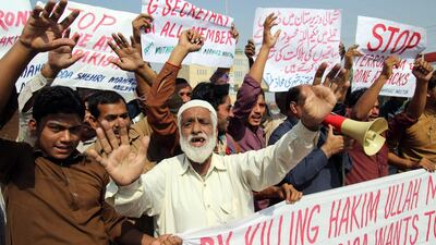 Protesters shout anti-US slogans in Multan on Saturday after the killing of the Pakistan Taliban leader Hakimullah Mehsud in a US drone attack a day earlier. S S Mirza / AFP