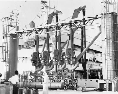 The loading berth off Das Island with BO Tanker Company's 35,000-tonne 'British Signal' loading crude oil, in July 1962. Photo: BP Archive