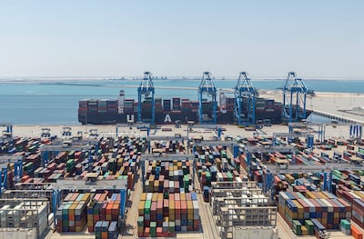 A ship is offloaded at Khalifa Port in Kizad, Abu Dhabi. The UAE is investing heavily in developing infrastructure to drive the growth of the logistics sector. Photo: Abu Dhabi Ports