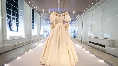The gown, designed by David and Elizabeth Emanuel, will feature in the Royal Style in the Making exhibition at Kensington Palace in London, opening on June 3, running until January 2, 2022. AP Photo