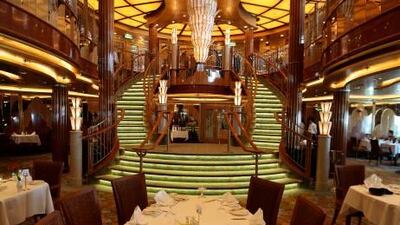 Interior of the Britannia restaurant in the Queen Elizabeth named by Her Majesty Queen Elizabeth ll at Port Rashid in Dubai.