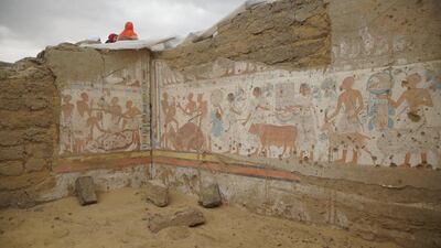 The walls of Ptah-M-Wiah's tomb at Saqqara necropolis. The painting depicts a sacrificial procession. Photo: Egypt's Ministry of Tourism and Antiquities