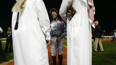 Frankie Dettori, returning to the track in Dubai since 2012, was all smiles but the jockey, once a regular at the Meydan Racecourse, showed his mettle by finishing second behind Anaerobio in the featured race. Pawan Singh / The National