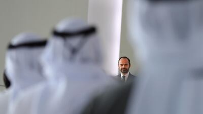 French Prime Minister Edouard Philippe speaks at the launch of the UAE-France Cultural Dialogue at Louvre Abu Dhabi on Saturday. Karim Sahib / AFP
