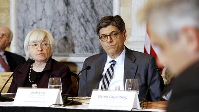 US Federal Reserve Board chairwoman Janet Yellen, left, and US Treasury secretary Jack Lew participate in Financial Stability Oversight Council open meeting on January 21. Jonathan Ernst / Reuters