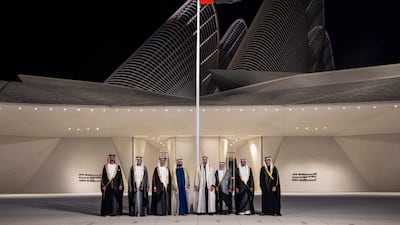 President Sheikh Mohamed; Sheikh Mohamed bin Rashid Al Maktoum, UAE Vice President, Prime Minister and Ruler of Dubai; Sheikh Mansour bin Zayed, Vice President, Deputy Prime Minister and Chairman of the Presidential Court; Sheikh Dr Sultan bin Muhammad Al Qasimi, UAE Supreme Council Member and Ruler of Sharjah; Sheikh Hamad bin Mohammed Al Sharqi, UAE Supreme Council Member and Ruler of Fujairah; Sheikh Saud bin Rashid Al Mualla, UAE Supreme Council Member and Ruler of Umm Al Quwain; Sheikh Saud bin Saqr Al Qasimi, UAE Supreme Council Member and Ruler of Ras Al Khaimah; and Sheikh Ammar bin Humaid Al Nuaimi, Crown Prince of Ajman, stand for a photograph during the inauguration of the Zayed National Museum