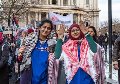 Nurses outside St Paul's Cathedral in London at a pro-Palestinian protest calling for an end to Israeli attacks on Gaza. Getty Images