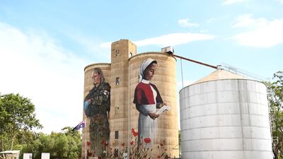 The 'Devenish Silo' artwork painted by Cam Scale, in Devenish, Australia. The Silo Art Trail is Australia's largest outdoor gallery and celebrates the region's people through a series of large-scale mural portraits painted on to grain silos, many of which date back to the 1930s. Getty Images