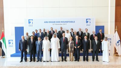 Middle row (from left): Rovnag Ibrahim Abdullayev, president of Socar, Tan Sri Wan Zulkiflee Wan Ariffin, president and group chief executive of Petronas, Todd Karran, president and chief executive of Nova Chemicals, Bob Dudley, group chief executive of BP, Darren Woods, chairman and chief executive of Exxon Mobil, Nizar Al Adsani, deputy chairman and chief executive of KPC, Antonio Costa Silva, chairman of the management commission at Partex, Pedro Miro Roig, vice chairman and chief executive, CEPSA, José Antonio González Anaya, chief executive of Pemex, Sanjiv Singh, chairman of Indian Oil Back row (from left): Chan Chauto, president of CEFC China, Mark Garrett, chief executive of Borealis, Patrick Pouyanné, chairman and chief executive of Total, Rainer Seele, chairman and chief executive of OMV, Hunter L Hunt, president of Hunt Consolidated Energy, Eldar Saetre, chief executive of Statoil Courtesy of Adnoc