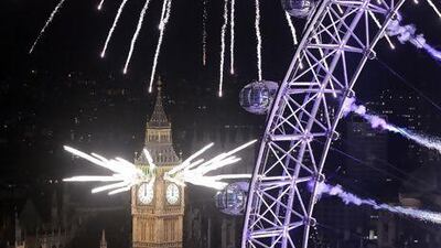 Fireworks light up the London skyline and Big Ben. Peter Macdiarmid / Getty Images