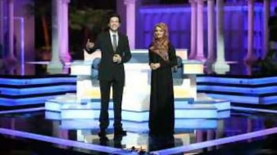 The Prince of Poets presenters Eyad Nassar and Raja al Shehi on set in the show's Abu Dhabi studio.