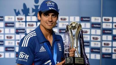 ngland captain Alastair Cook poses with NatWest Series trophy after the 3rd Natwest One Day International match between England and the West Indies