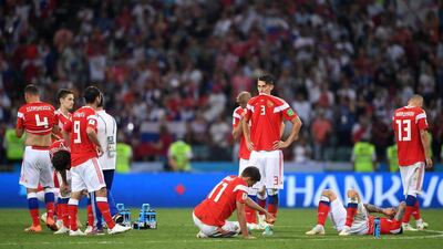Players of Russia looks dejected after the game. Laurence Griffiths/Getty Images