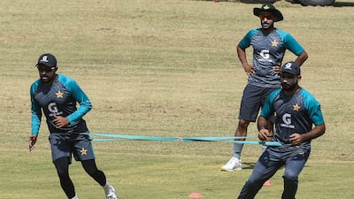 Pakistan captain Babar Azam, left, and Fakhar Zaman during training in Lahore. AFP