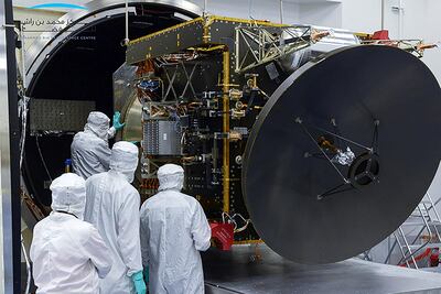 Engineers assemble the Hope Probe. Courtesy MBR Space Centre / Dubai Media Office