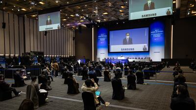 Attendees are socially distanced during the Samsung Electronics Co. annual general meeting at the Suwon Convention Center in Suwon, South Korea. Bloomberg