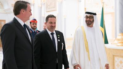 Sheikh Mohamed bin Zayed, Crown Prince of Abu Dhabi and Deputy Supreme Commander of the Armed Forces, held talks with Brazilian President Jair Bolsonaro, left, on Monday at Al Shati Palace. All photos: Mopa