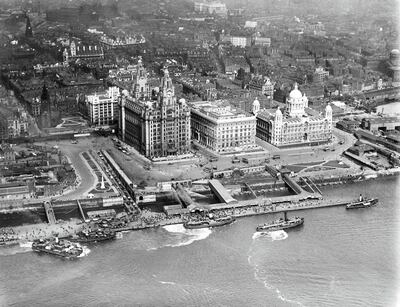 George's Landing Stage and the Three Graces, Liverpool, Merseyside, 1920. Getty