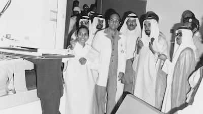 Sheikh Zayed Bin Sultan Al Nahyan visiting Al Jazeera Hospital, Abu Dhabi, 1978 National Archives images supplied by the Ministry of Presidential Affairs to mark the 50th anniverary of Sheikh Zayed Bin Sultan Al Nahyan becaming the Ruler of Abu Dhabi. Courtesy National Archives