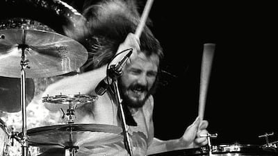 Led Zeppelin’s wild man and drummer John Bonham, on stage in Los Angeles during the band’s pomp in 1973. James Fortune / REX Shutterstock