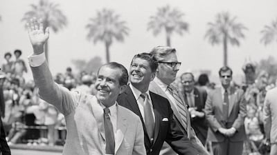 Richard Nixon, left, and Ronald Reagan, centre, in California in August 1971. Bettmann / CORBIS