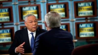 The former US Secretary of State Colin Powell speaks during a taping of "Meet the Press" at NBC Oct 19 2008 in Washington, DC. Mr Powell spoke about his endorsement of the Democratic presidential nominee Barack Obama.