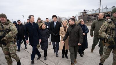 From left, Belgian Prime Minister Alexander De Croo, Italian Prime Minister Giorgia Meloni, Canadian Prime Minister Justin Trudeau and President of the European Commission Ursula von der Leyen with Ukraine's President Volodymyr Zelenskyy in Kyiv. EPA
