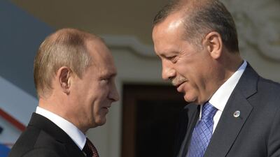 Russia’s president Vladimir Putin welcoming Turkey’s president Recep Tayyip Erdogan at the start of the G20 summit in Saint Petersburg. Eric Feferberg / AFP Photo
