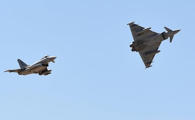 Saudi Typhoon fighters perform during a ceremony marking the 50th anniversary of the King Faisal Air Academy in Riyadh. AFP