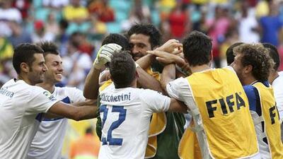 Gianluigi Buffon made three magnificent saves as Italy won third place at the Confederations Cup.