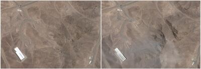Satellite images over Fordow, before and after the US struck the underground nuclear facility in June. Reuters