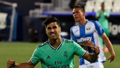 Real Madrid's Spanish midfielder Marco Asensio celebrates after scoring. AFP