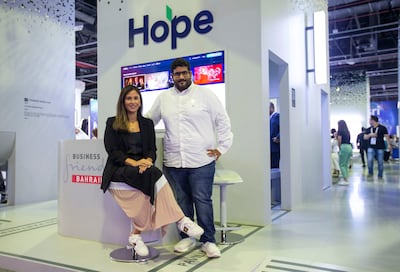 Fajer Al Pachachi, general manager of Hope Fund, and Bader Sater, chief executive of Bahrain Fintech Bay, at Gitex Global in Dubai on Wednesday. Leslie Pableo / The National