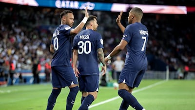 PSG's Neymar, Kylian Mbappe and Lionel Messi celebrate scoring against Montpellier. EPA