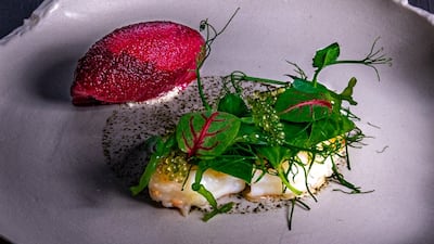 Banana prawn with beet, chilli and three types of seasonal seaweeds. Photo: Le Du