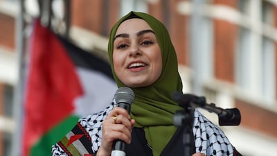 Leanne Mohamad speaking at a pro-Palestinian rally in central London. Alamy