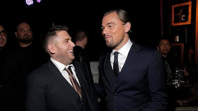 IMAGE DISTRIBUTED FOR HENNESSY - Jonah Hill and Leonardo DiCaprio attend the Hennessy Privilege VIP post-party at the Santa Barbara International Film Festival for Martin Scorsese and Leonardo DiCaprio receiving the Cinema Vanguard Award at the Arlington Theatre on Thursday, February 6, 2014 in Santa Barbara, California (Photo by Todd Williamson/Invision for Hennessy/AP Images)
