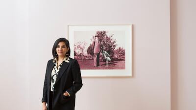 Heba Amin with her work, ‘The General’s Stork’, at The Mosaic Rooms in London. Rob Greig for The National