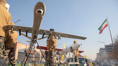 Drones on display at a parade in Iran. Getty Images